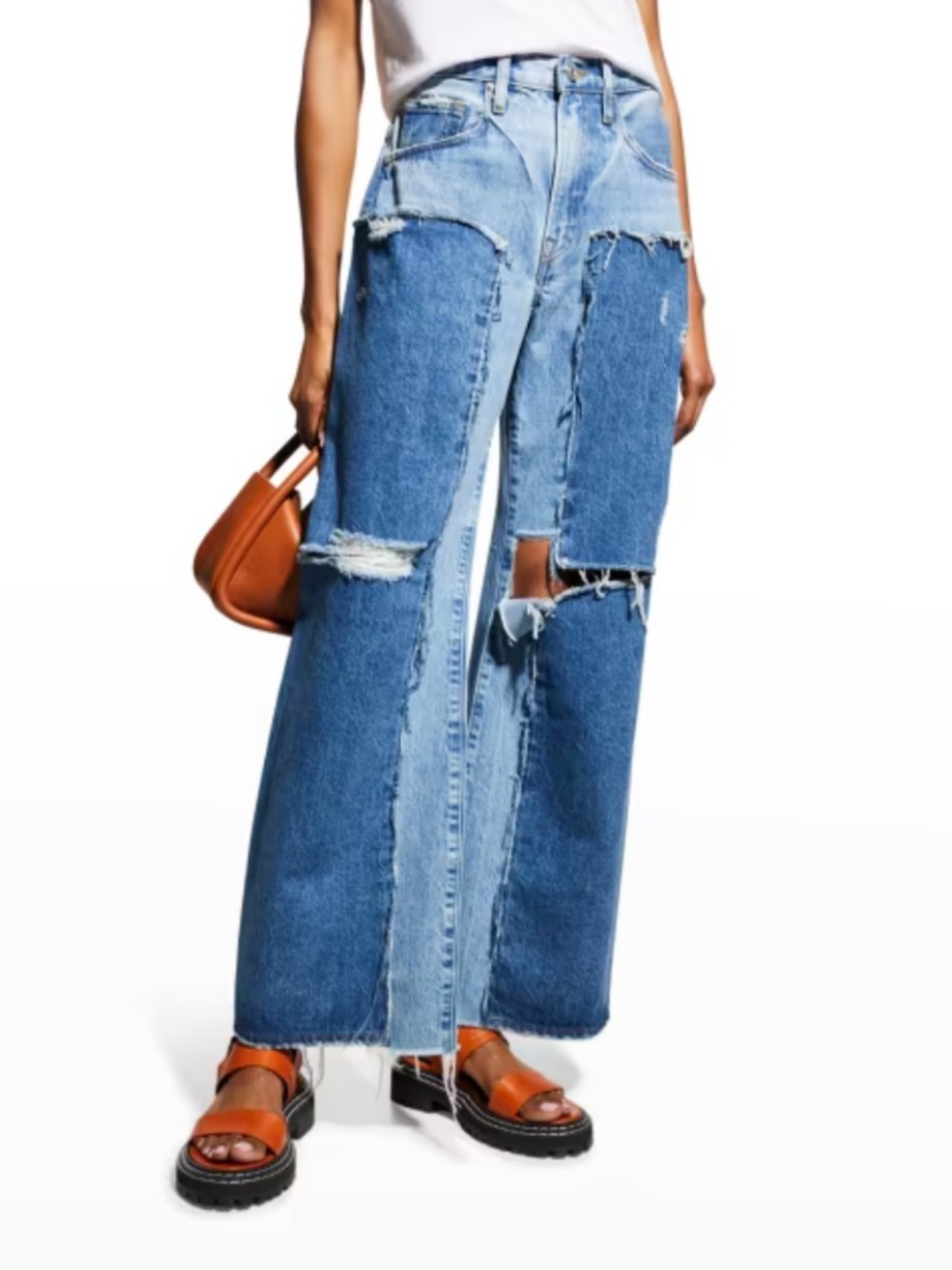 Wide-Leg Patchwork Distressed Jeans — Light Blue